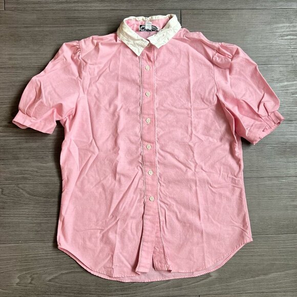 The Villager Tops - Vintage 70s Pink Collared Button Up Puff Sleeve Blouse The Villager Size 14